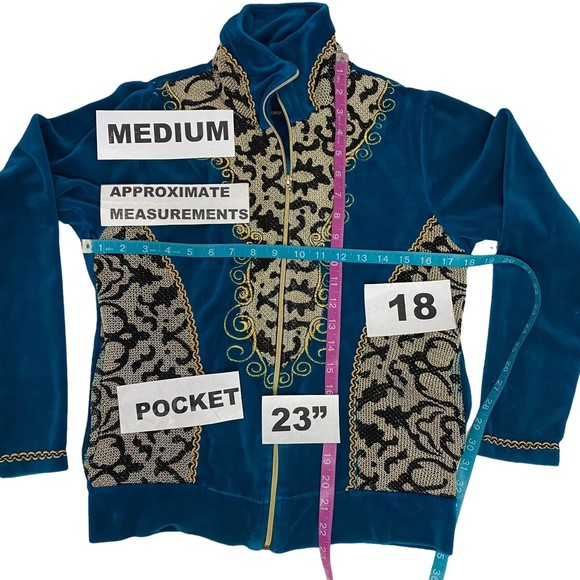 Koc & Grup womens Track Jacket Medium Velour Turquoise Blue Zip Up Mock Neck - Picture 7 of 12